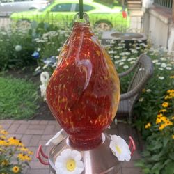 Hummingbird feeder blown glass 9 1/2 tall 4 1/2 round 