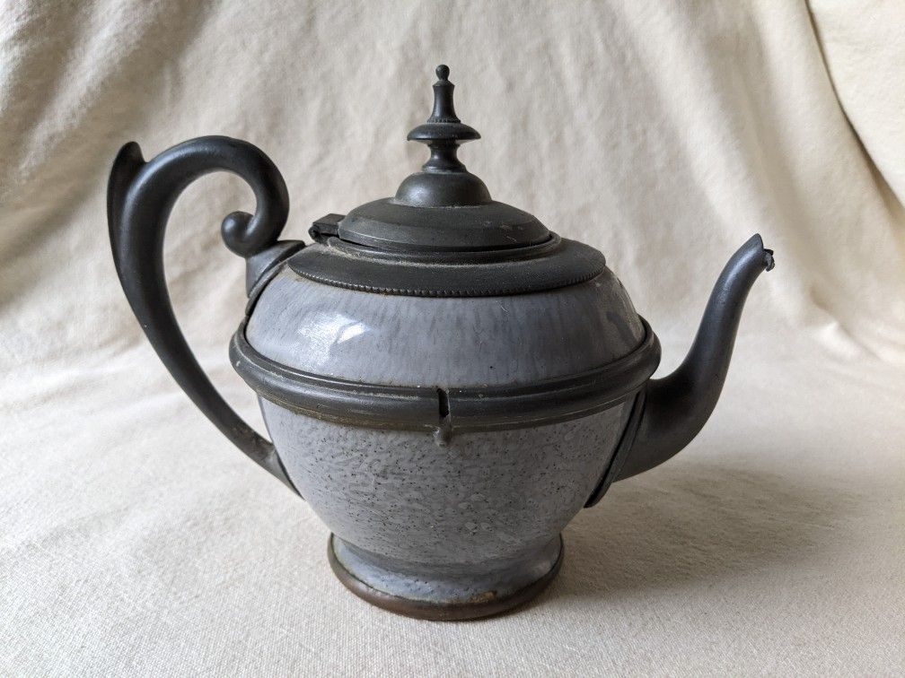 Small Grey Graniteware Pewter-Trimmed Teapot Enamel Ware