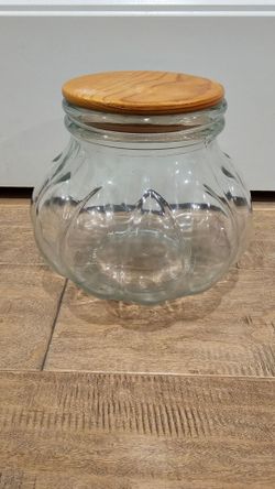 Vintage 1970s Italian Blown Glass Potbelly Pumpkin Canister / Apothecary Jar with Wooden Lid