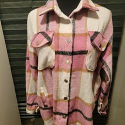 Women's plaid jacket made of a wool blend flannel material in pink, white, black, and tan colors size Medium