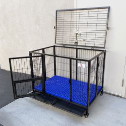New in Box $170 Heavy-Duty Dog Cage 43x30x34” Single-Door Folding Crate Kennel with Plastic Floor & Tray 