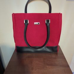 Ciao! Red Tweed And Black Leather Tote Bag With Snap Enclosure