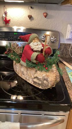 Santa In A Birch wood Canoe - New With Tag - Vintage - 17” Deep X 11.5” Tall - New In Original Box 