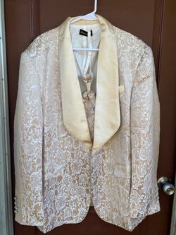 Champagne Floral Brocade Tuxedo Jacket with Vest and Bow Tie
