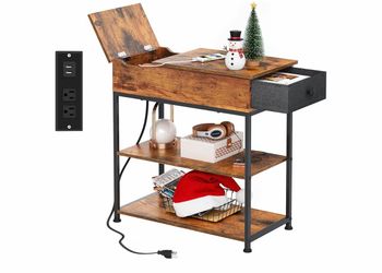 WLIVE Narrow Side Table with Charging Station, Couch Side Table for Living Room, Narrow End Table for Bedroom with Fabric Drawer, USB Ports and Power