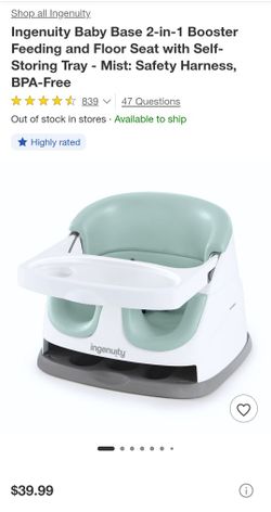 Ingenuity Baby Base 2-in-1 Booster Feeding and Floor Seat with Self-Storing Tray - Mist: Safety Harness, BPA-Free