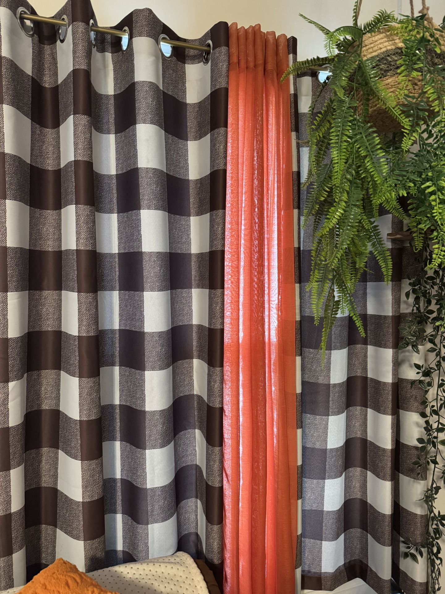 Brown Buffalo Check And Orange SheerCurtains Panels 6 Each 
