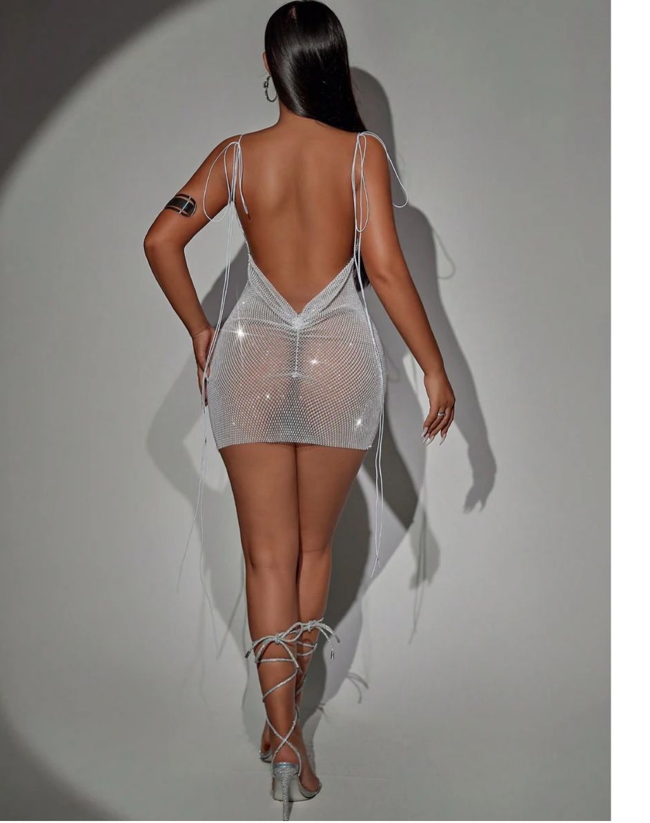 Rhinestone Decor Mesh See-Through Fishnet Nightclub Mini Dress