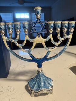 Menorah/candelabro, Metallic, Blue And Silver