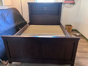 Dark Wood Full Bed Frame with Bookcase Headboard