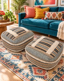 Set of 2 Boho Southwestern Patterned Floor Poufs / Ottoman Cushions