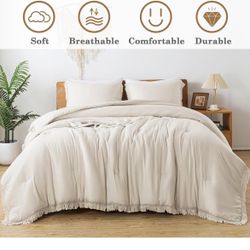 Andency King Size Comforter Set Beige, 3 Pieces Boho Lightweight Tassel Fluffy Bedding Comforters & Sets, Soft All Season Bed Set (104x90In Comforter 