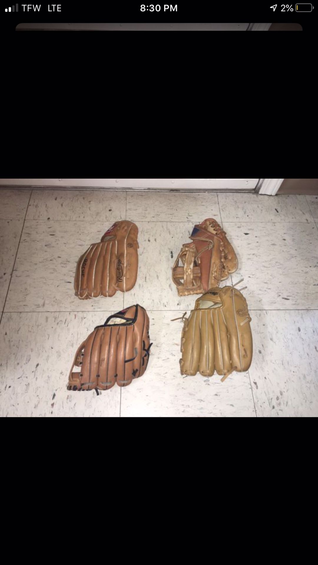 4 slightly used Kids Baseball gloves (2 Left handed 2 Right handed )$8 apiece all for $25