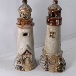 VTG 2x Studio Art Pottery Milky Glaze Stoneware Lighthouse Nautical Beach 8"