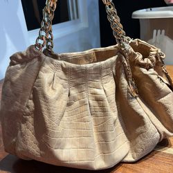 Michael Kors Tan Leather Crocodile Embossed Leather Chain Strap Gold