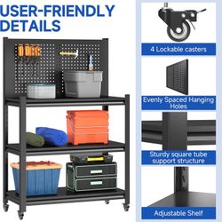 48" Adjustable Workbench with Pegboard,Heavy Duty Steel Work Bench with Lockable Wheels,Metal Rolling Work Table,3-Tier Metal Tool Storage Bench for G