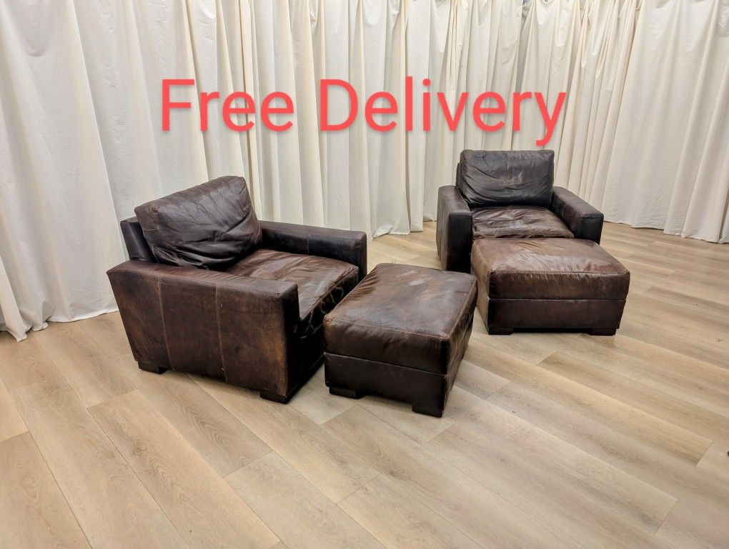 Restoration Hardware RH Maxwell Leather Club Chairs With Ottomans x2