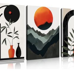 DNIEOTU Boho Wall Art for Living Room, Bohemian Canvas Wall-Decor for Bedroom, Mountian Moon and Geometric Shapes Picture Prints, Size 12 x 16 Inches 