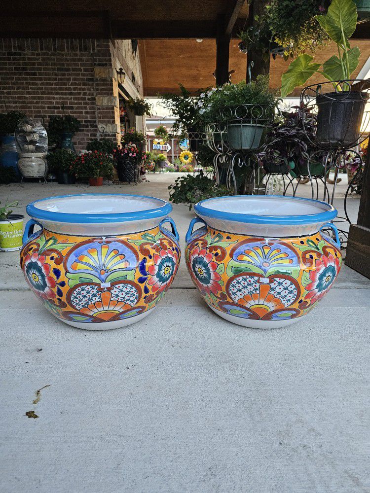 Turquoise RimTalavera Clay Pots. Planters. Plants. Pottery $55 cada uno