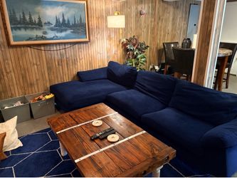 Navy Blue Faux Velvet Sectional Sofa – Excellent Condition