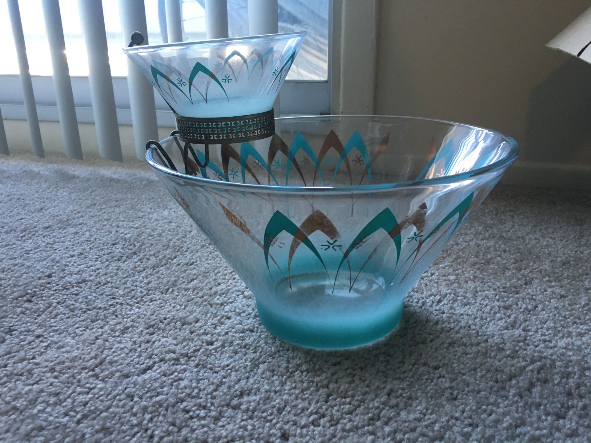 Vintage Blendo Turquoise and Gold Chip n Dip Set W/ Bracket