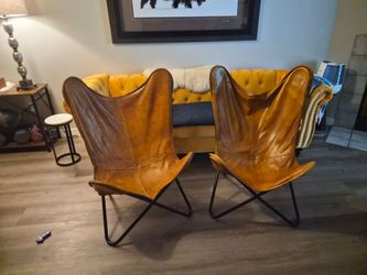 2 Genuine Brown Leather Butterfly Chairs with Iron Frames