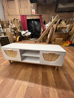 White TV Stand with Rattan Cabinet Doors