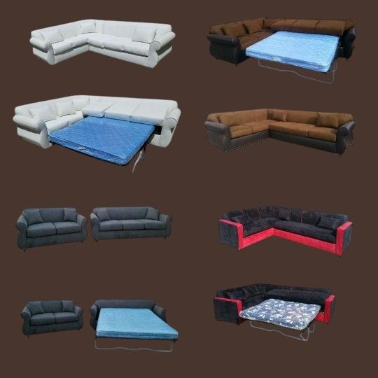 NEW 7X9FT Sectional COUCHES With SLEEPER COUCHES.red Combo Brown, Charcoal, White LEATHER Set/ More Color FABRIC Avail