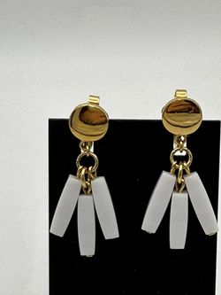 Vintage Crown Trifari Earrings Dangling 3 Acrylic White Bars 1.5-1.75 MCM 1960’s Great Condition 