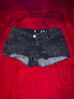 Black Denim Shorts with Floral Embroidery