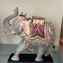 Large Hand Painted Metal Elephant Sculpture 16.5” X16”
