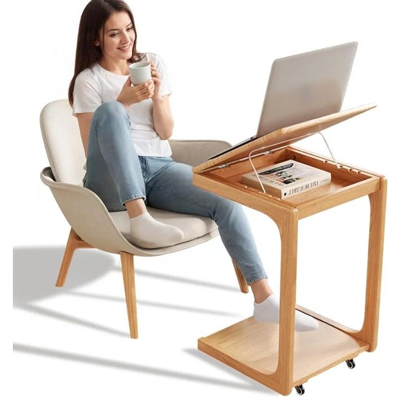Wooden C-Shaped End Table,Couch Table with Adjustable Desktop,Small Rolling Side Table with 2 Lockable Wheels,Small End Table for Couch, Living Room,B