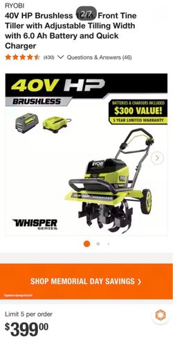 RYOBI TILLER NEW  40V HP Brushless 16 in. Front Tine Tiller with Adjustable Tilling Width with 6.0 Ah Battery and Quick Charger