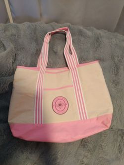Victoria's Secret Cream & Pink Striped Canvas Beach Tote Bag