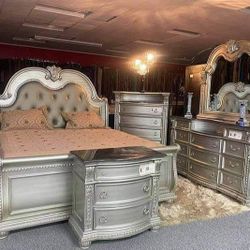 Cavalier Silver Upholstered Sleigh Bedroom Set, Bed, Dresser, Mirror, Nightstand/ Queen&King Size Available/ Mattress Sold Separately 