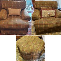 Two Sherrill Overstuffed Chairs with Matching Round Ottoman
