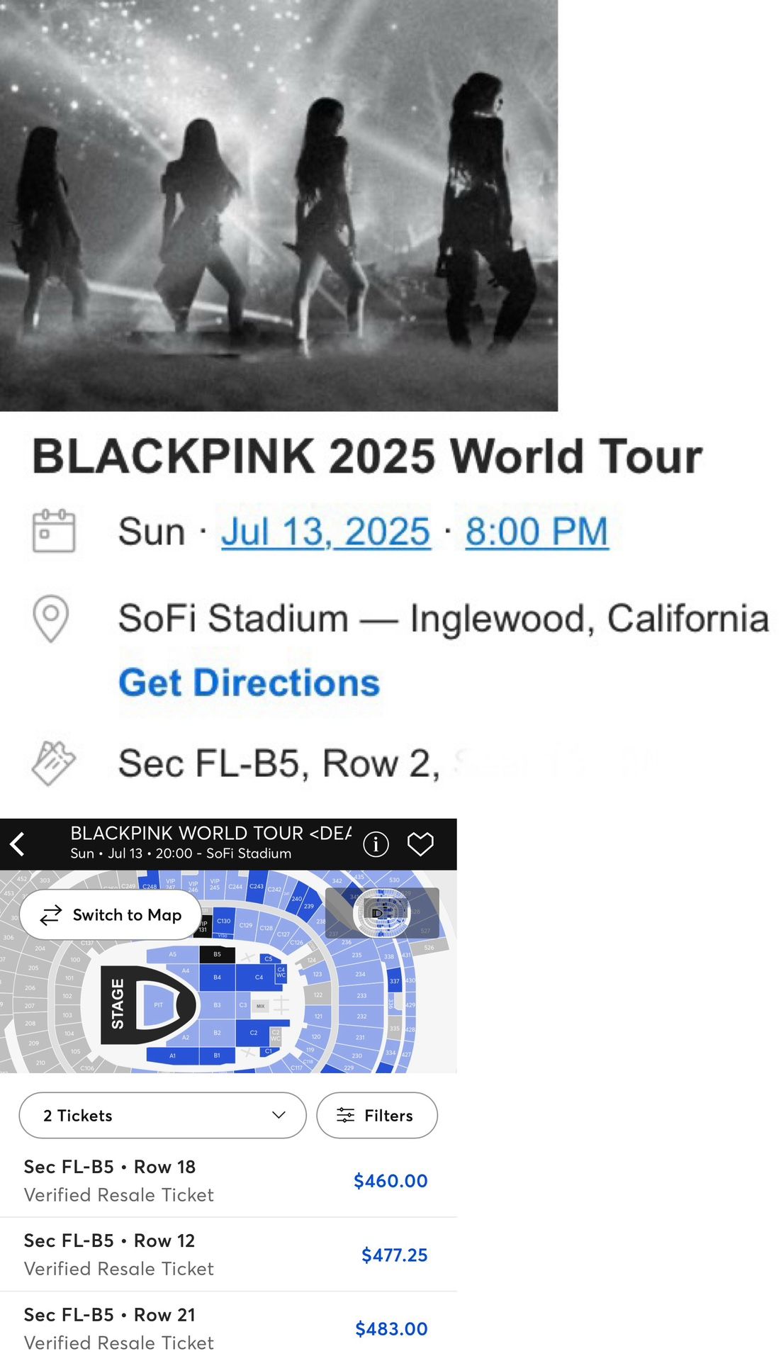 Blackpink 7/13 Tickets B5 Row 2 3 Tickets