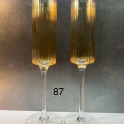 Set of (2) Beautiful Ribbed Design Stemmed Champagne Wine Glasses,  