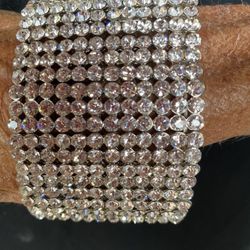 Crystal Aurora Borealis AB Rhinestone Bracelet 12 Row Stretch Silver Wide