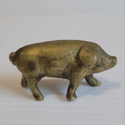 Antique Heavy Cast Brass Pig Sculpture Rustic Detail 1.5"X2.5"


