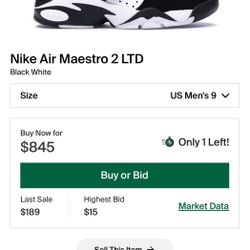 Nike Air Maestro 2 LTD Limited Size: 9 Mens Style: AH8511-001 Black/White Brand New (No Box)