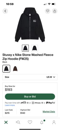 Stussy Nike Black Stone Washed Fleece Zip Up Size Medium