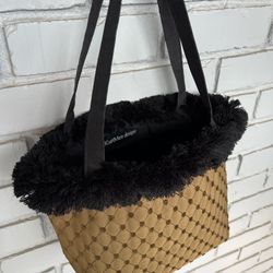 KurtMen Design Tote Bag – Textured Gold with Black Fringe – 21 cm Height