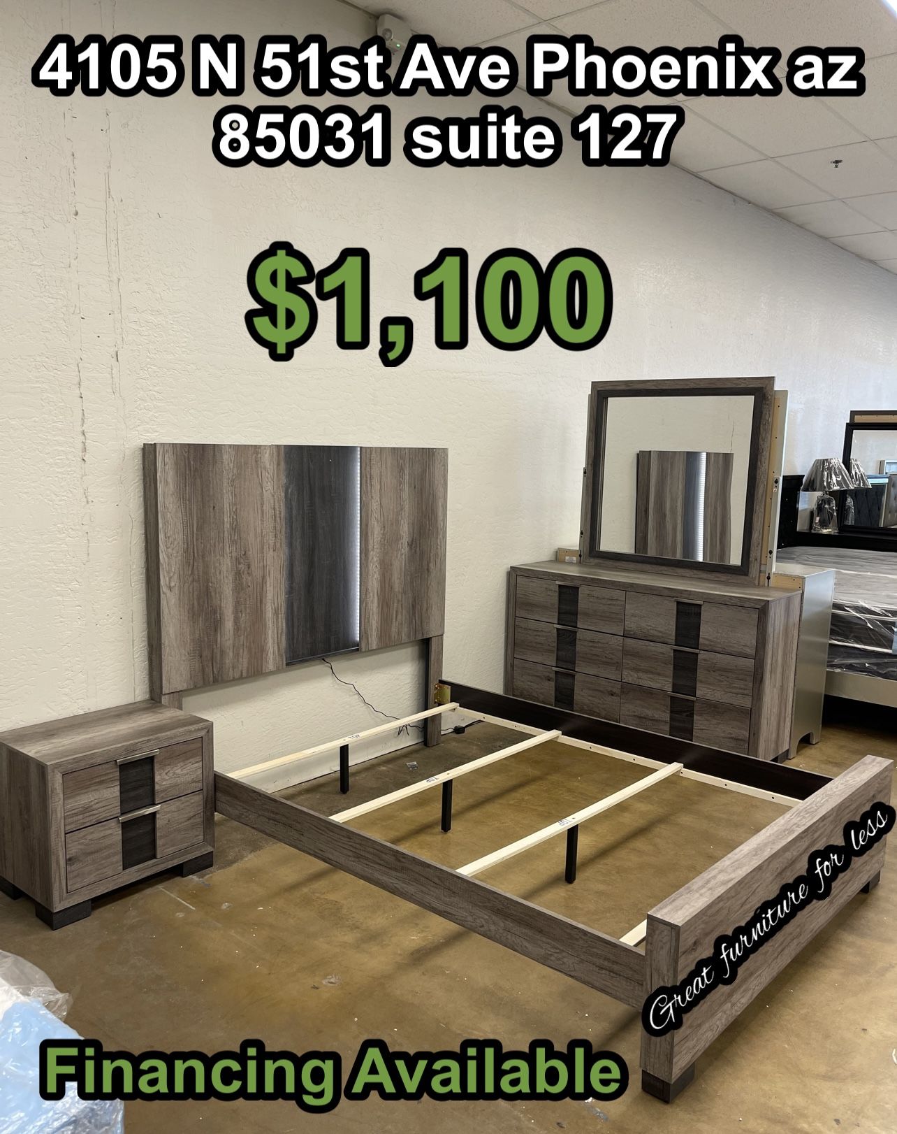Queen Size Led Bedroom Set include Bed Frame Dresser Mirror Andnightstand Brand New 