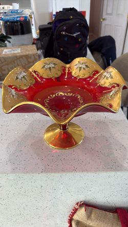 Red and Gold Glass Compote Bowl