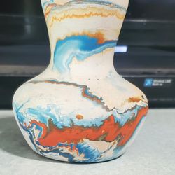Vintage Nemadji USA Pottery Turquoise Blue Orange Swirl Pattern Vase Southwest Design