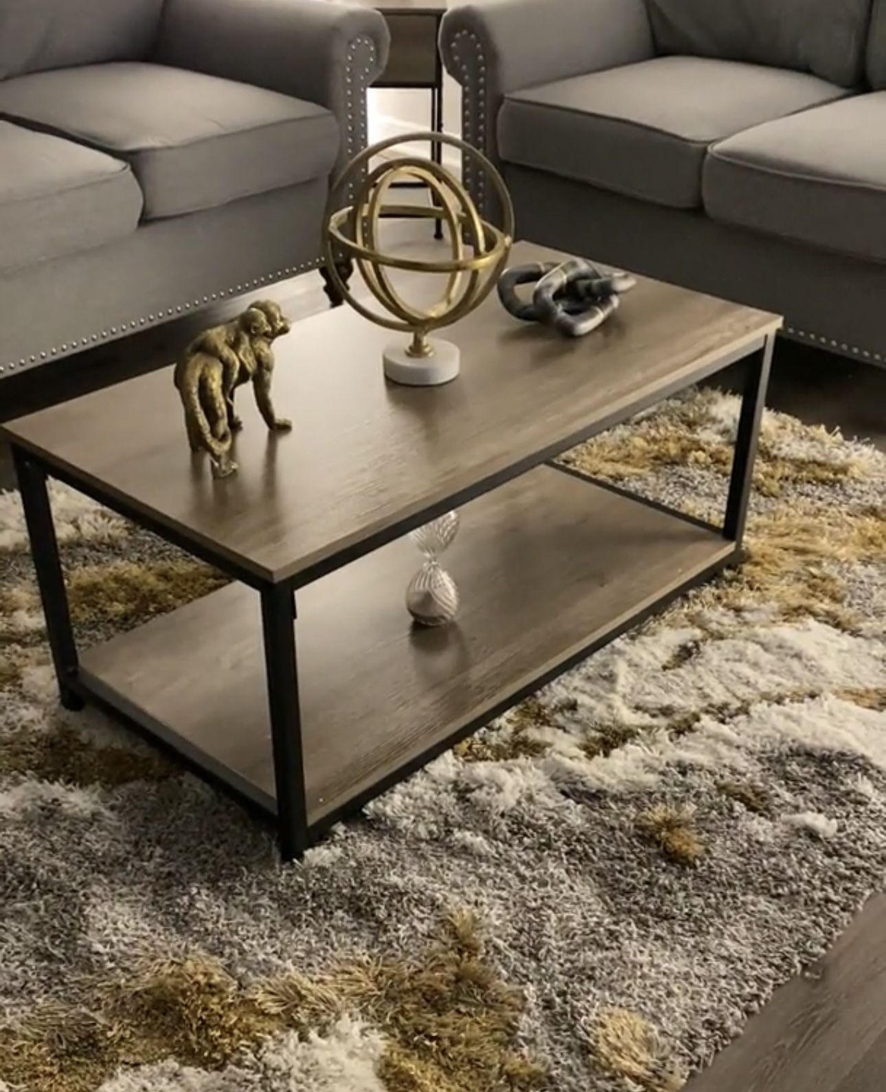 Coffee Table, 39.5" 2-Tier Coffee Table with Storage Shelve, Industrial Gray Wooden Coffee Table