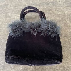 2000s Gap Mini Top Handle Black Velvet Purse with Faux Feathers