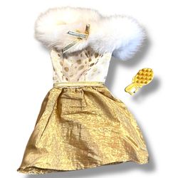 VTG Barbie Fashion Avenue #18155 Gold/White dress with Hairbrush