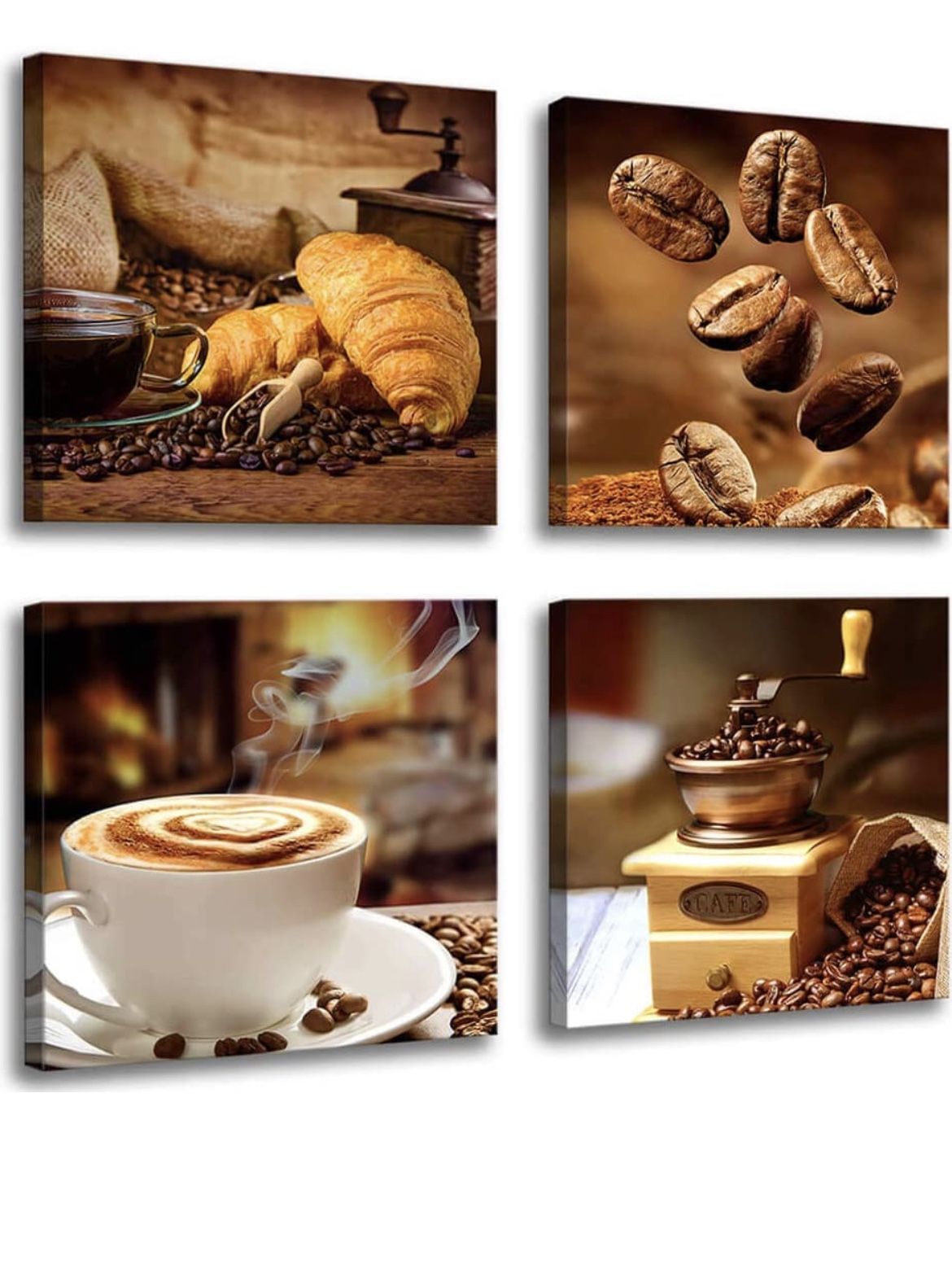 Kitchen Canvas Art Coffee Bean Coffee Cup Canvas Prints Coffee Wall Decor-4 Panels Framed Ready To Hang Coffee Image-Table Dining Room Canvas Wall Art
